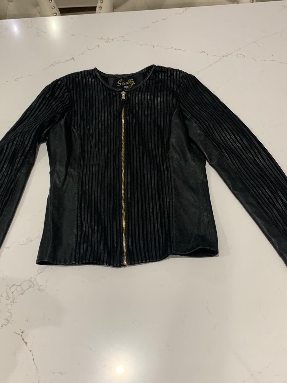 Scully Black Ribbed Leather Zip-Front Elastic Jacket with Gold Hardware
Size S